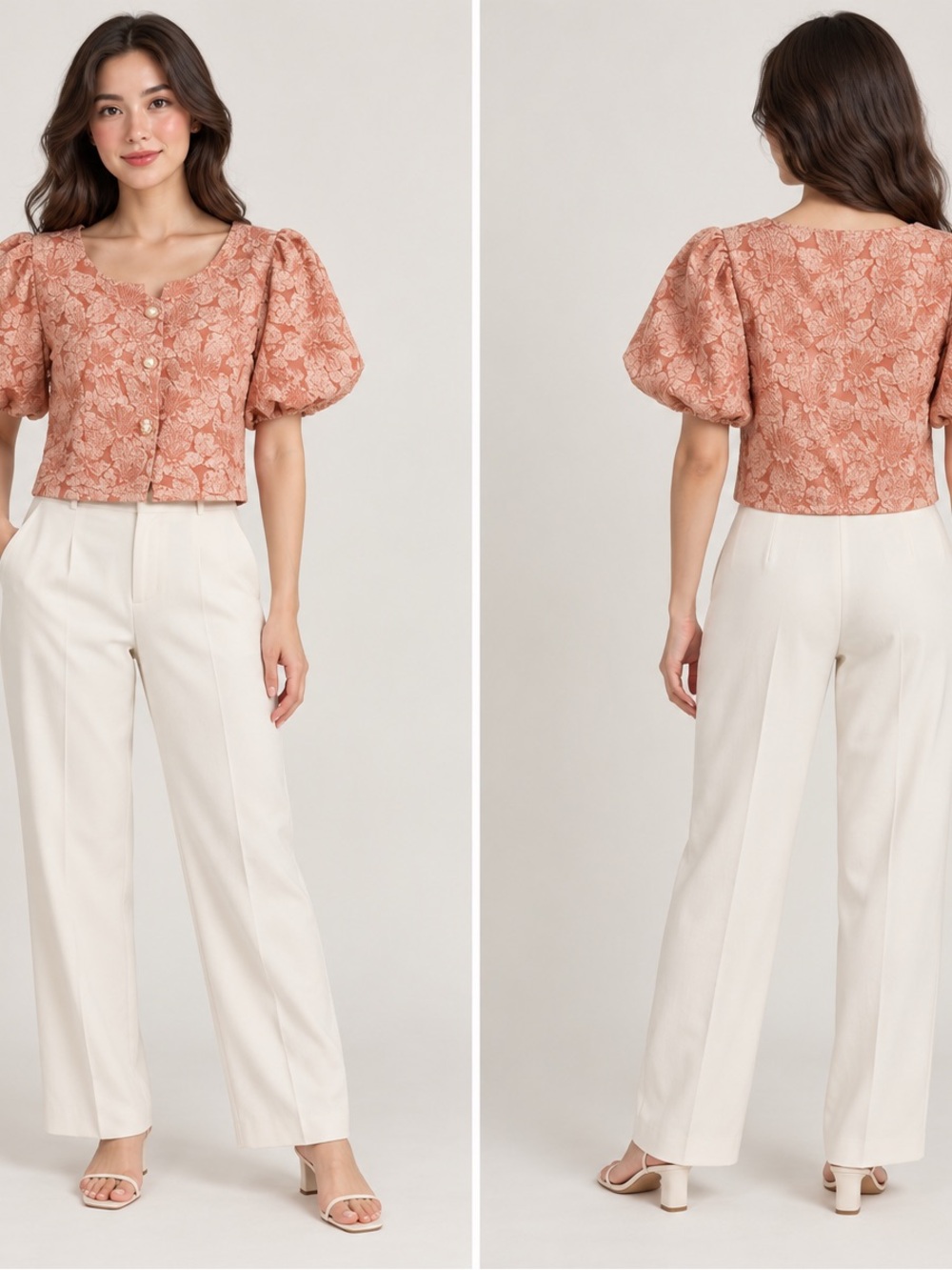 Textured Peach Floral Short-Sleeve Button Front Blouse